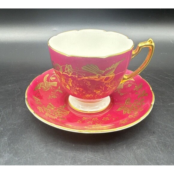 VTG Coalport BURGUNDY & GOLD Birds Bone China Footed Teacup & Saucer England - Picture 4 of 14